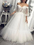 A Line Off the Shoulder Half Sleeves White Tulle Prom Dress LBQ4102